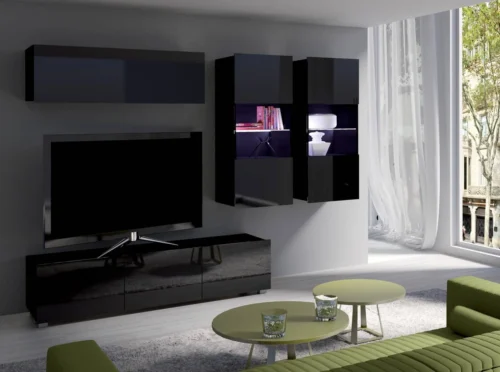 CALABRINI VI” wall cabinet, glossy black, exceptionally stylish wall cabinet, simple shapes, suitable for any interior