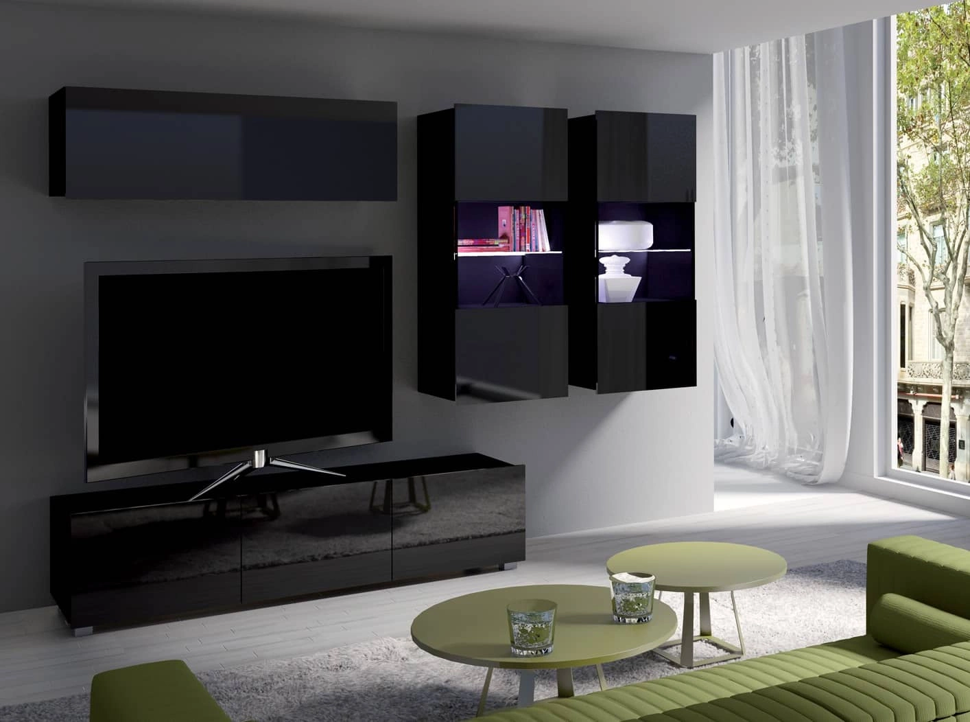 CALABRINI VI" wall cabinet, glossy black, exceptionally stylish wall cabinet, simple shapes, suitable for any interior