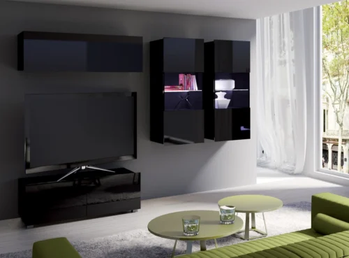 CALABRINI XII wall cabinet, glossy black, exceptionally stylish wall cabinet, simple shapes, suitable for any interior