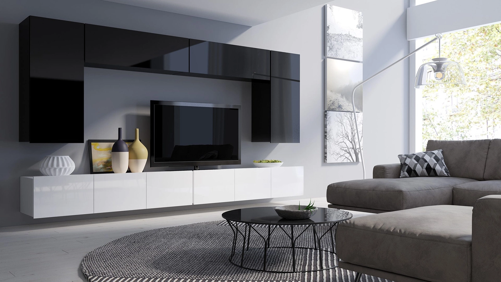 CALABRINI XIII wall cabinet, glossy white / glossy black, exceptionally stylish wall cabinet, simple shapes, suitable for any interior