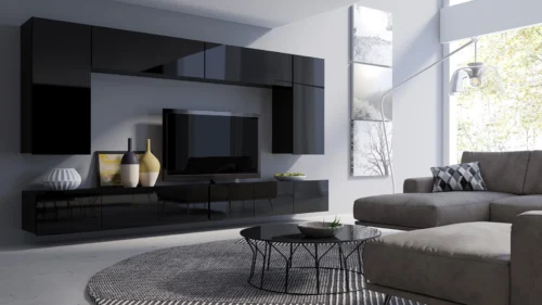CALABRINI XIII wall cabinet, glossy black, exceptionally stylish wall cabinet, simple shapes, suitable for any interior