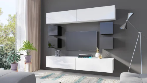 CALABRINI XVI” wall cabinet, glossy white / glossy black, exceptionally stylish wall cabinet, simple shapes, suitable for any interior