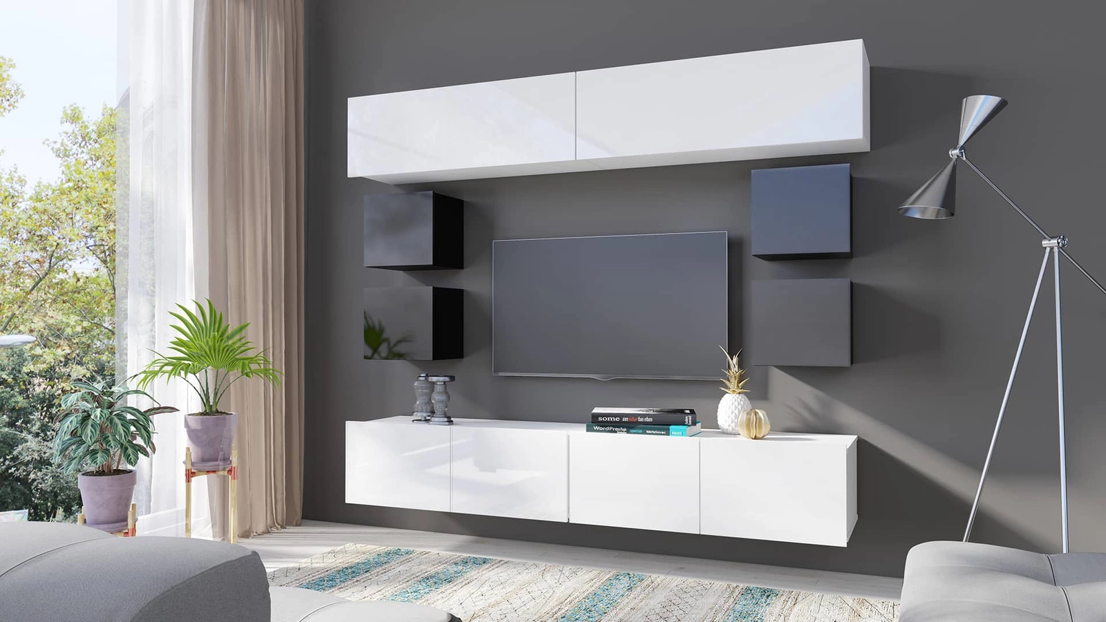 CALABRINI XVI" wall cabinet, glossy white / glossy black, exceptionally stylish wall cabinet, simple shapes, suitable for any interior