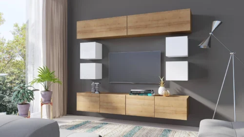 CALABRINI XVI wall cabinet, glossy white / golden oak – an exceptionally stylish wall cabinet, with simple shapes, suitable for any interior