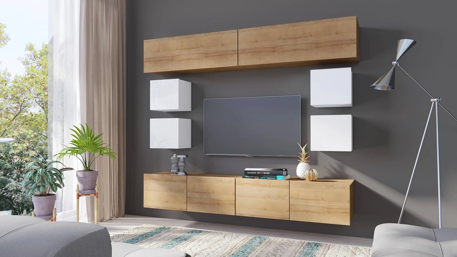 CALABRINI XVI wall cabinet, glossy white / golden oak - an exceptionally stylish wall cabinet, with simple shapes, suitable for any interior