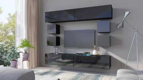 CALABRINI XVI” wall cabinet, glossy black, exceptionally stylish wall cabinet, simple shapes, suitable for any interior