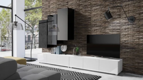 CALABRINI XVII” wall cabinet, glossy white / glossy black, exceptionally stylish wall cabinet, simple shapes, suitable for any interior