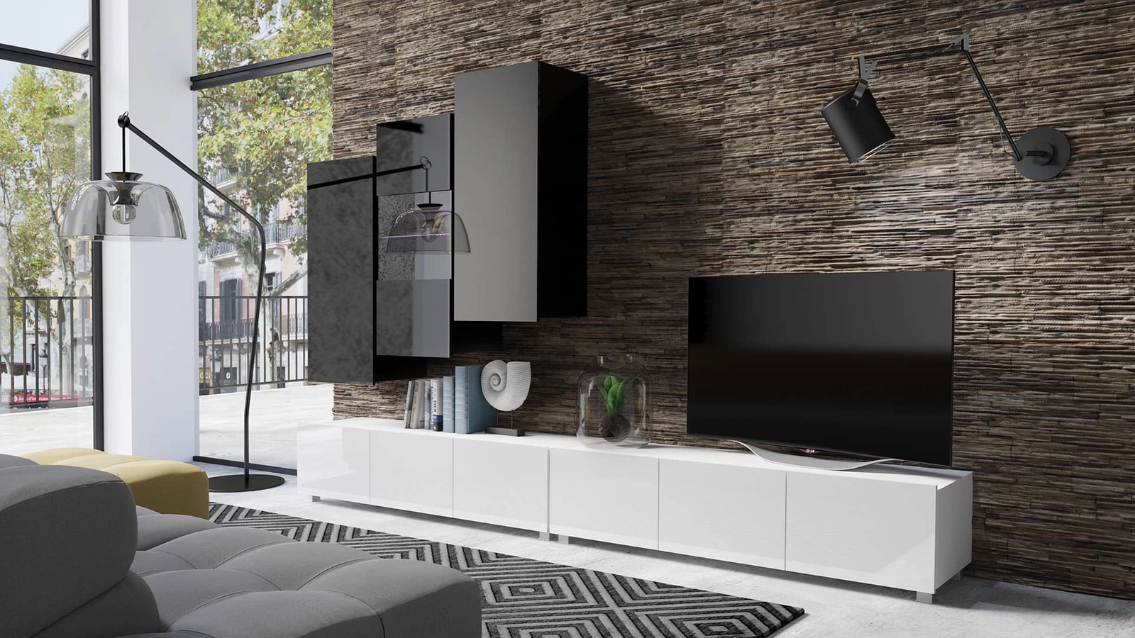 CALABRINI XVII" wall cabinet, glossy white / glossy black, exceptionally stylish wall cabinet, simple shapes, suitable for any interior