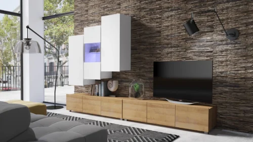 CALABRINI XVII” wall cabinet, glossy white / golden oak color – an exceptionally stylish wall cabinet, with simple shapes, suitable for any interior