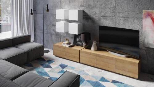 CALABRINI XVIII” wall cabinet, glossy white / golden oak color – an exceptionally stylish wall cabinet, with simple shapes, suitable for any interior