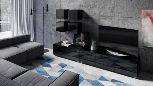 CALABRINI XVIII” wall cabinet, glossy black, exceptionally stylish wall cabinet, simple shapes, suitable for any interior