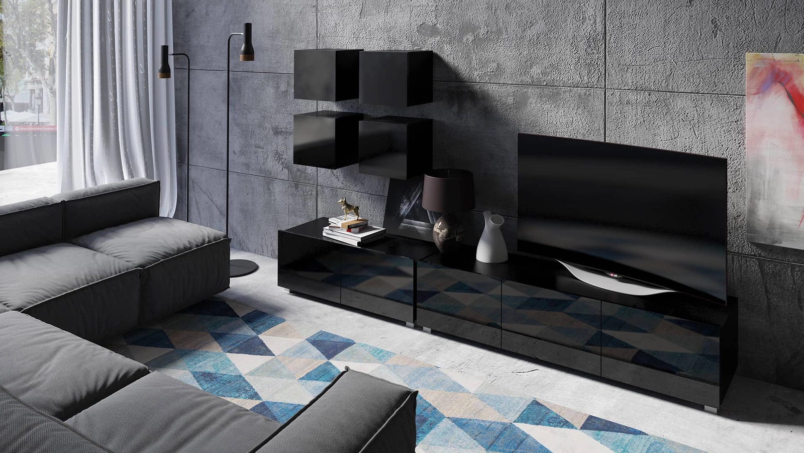 CALABRINI XVIII" wall cabinet, glossy black, exceptionally stylish wall cabinet, simple shapes, suitable for any interior