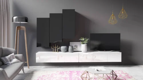 CALABRINI XX” wall cabinet, glossy white / glossy black, exceptionally stylish wall cabinet, simple shapes, suitable for any interior