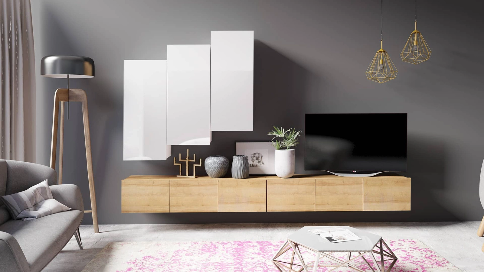 CALABRINI XX wall cabinet in white gloss/golden oak – an exceptionally stylish, simple-shaped cabinet that fits into any interior
