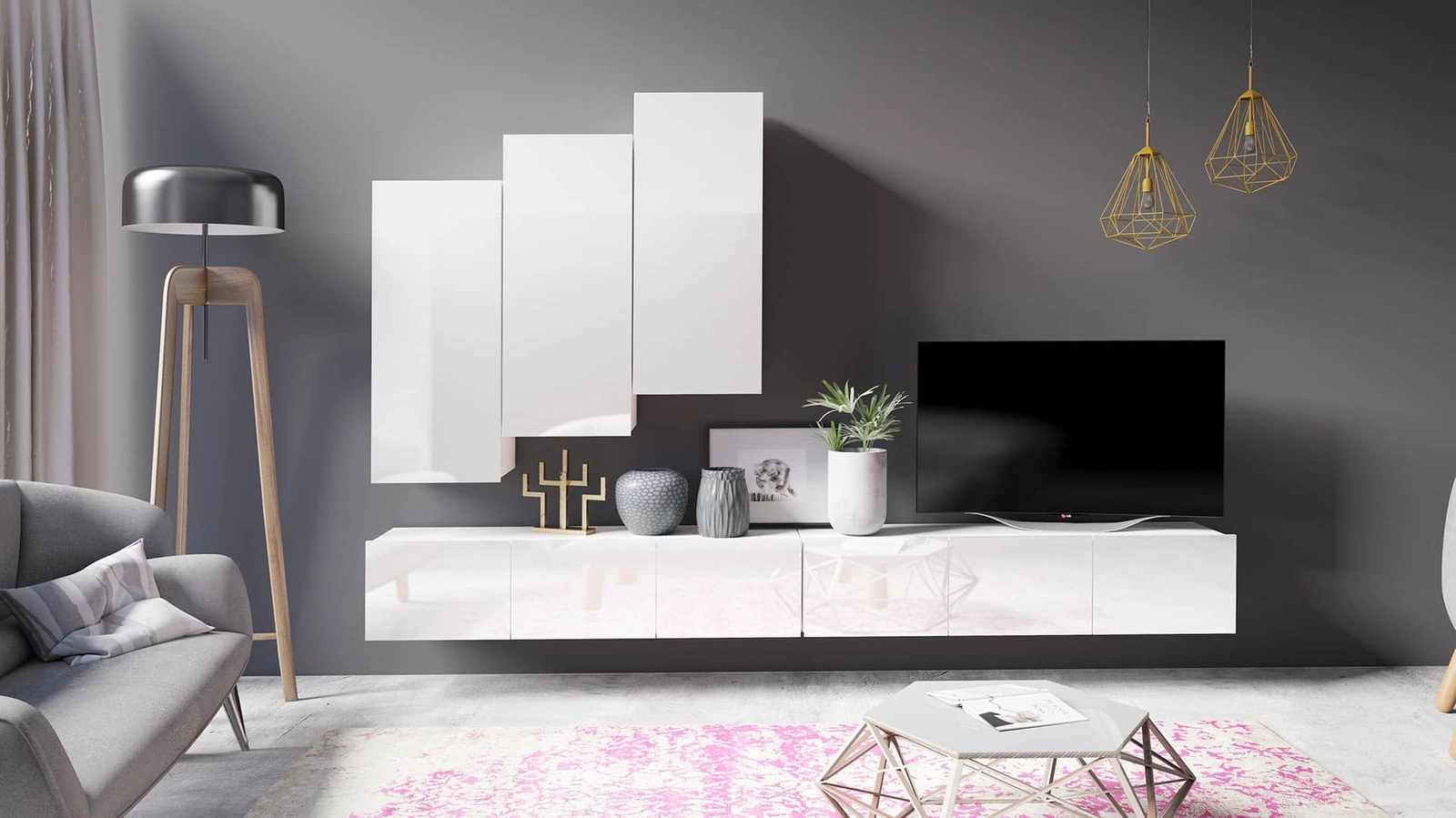 CALABRINI XX" wall cabinet, glossy white, exceptionally stylish wall cabinet, simple shapes, suitable for any interior
