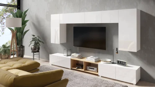 CALABRINI XXIII wall cabinet, glossy white / golden oak – an exceptionally stylish wall cabinet with simple shapes that fits any interior
