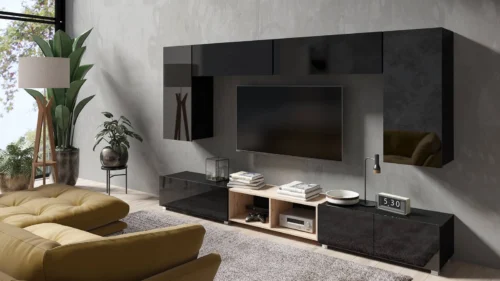 CALABRINI XXIII wall cabinet, glossy black / artificial oak, an exceptionally stylish wall cabinet, with simple shapes that fit into any interior