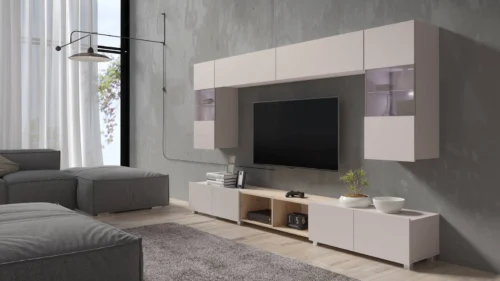 CALABRINI XXIV” beige/golden oak wall cabinet – exceptionally stylish, simple shapes, suitable for any interior