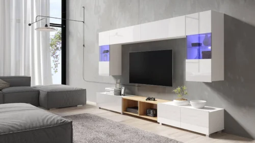 CALABRINI XXIV” wall cabinet, glossy white / golden oak color, exceptionally stylish, simple shapes, suitable for any interior