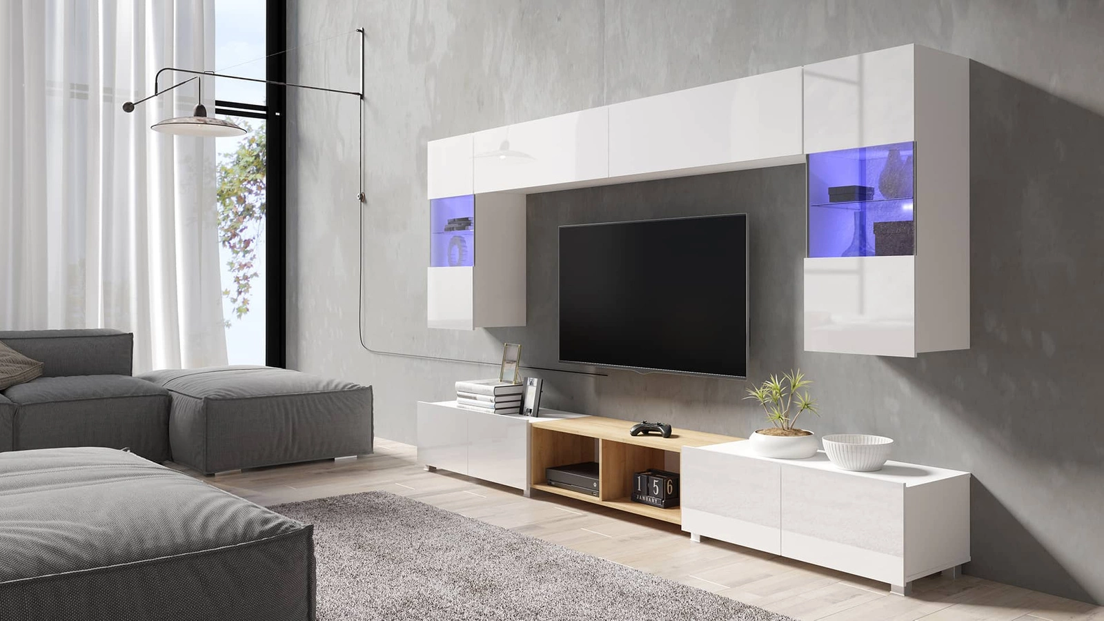 CALABRINI XXIV" wall cabinet, glossy white / golden oak color, exceptionally stylish, simple shapes, suitable for any interior