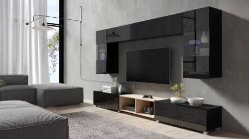 CALABRINI XXIV wall cabinet, glossy black / artificial oak, an exceptionally stylish wall cabinet, with simple shapes that fit into any interior