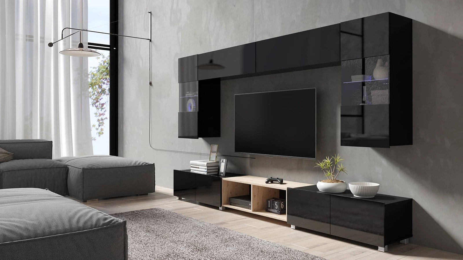CALABRINI XXIV wall cabinet, glossy black / artificial oak, an exceptionally stylish wall cabinet, with simple shapes that fit into any interior