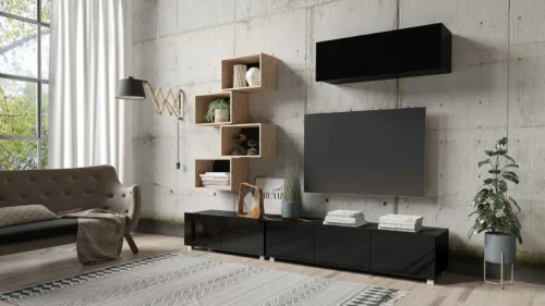 CALABRINI XXIX wall cabinet, glossy black / artificial oak, an exceptionally stylish wall cabinet, with simple shapes that fit into any interior