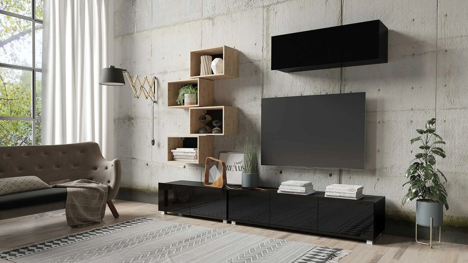 CALABRINI XXIX wall cabinet, glossy black / artificial oak, an exceptionally stylish wall cabinet, with simple shapes that fit into any interior