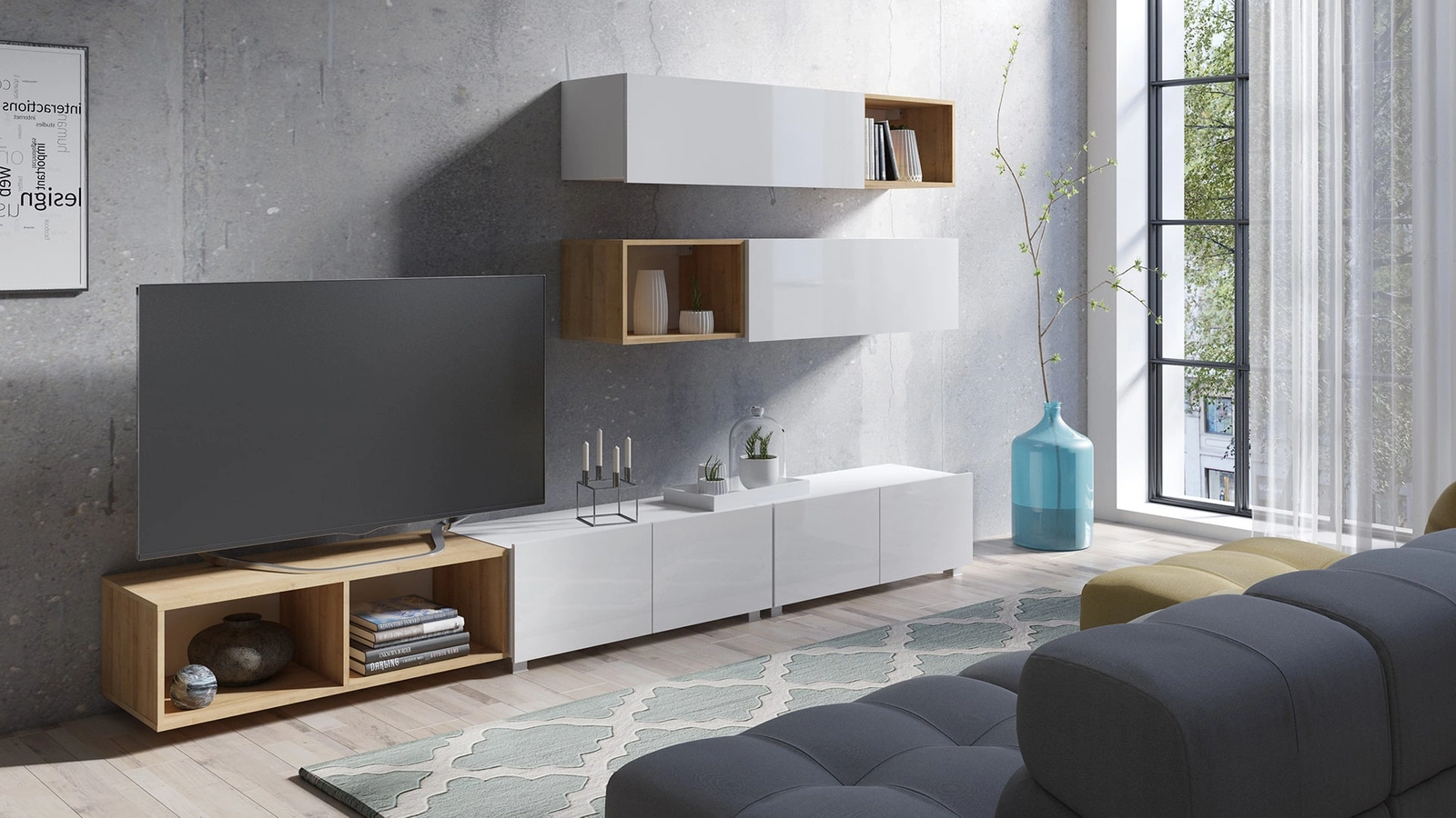 CALABRINI XXV" wall cabinet, glossy white / golden oak color, exceptionally stylish wall cabinet, simple shapes, suitable for any interior