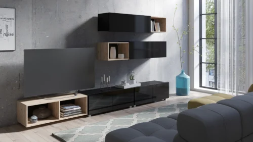 CALABRINI XXV wall cabinet, glossy black / artificial oak color, exceptionally stylish wall cabinet, simple shapes that fit any interior