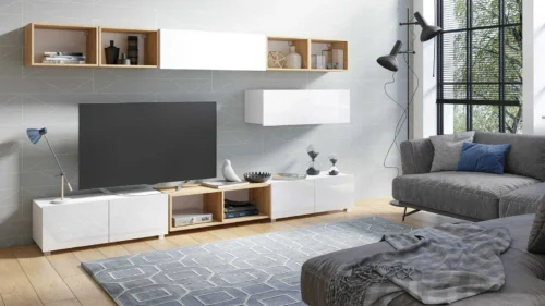 CALABRINI XXVI” wall cabinet, glossy white / golden oak, an exceptionally stylish wall cabinet, with simple shapes that fit into any interior