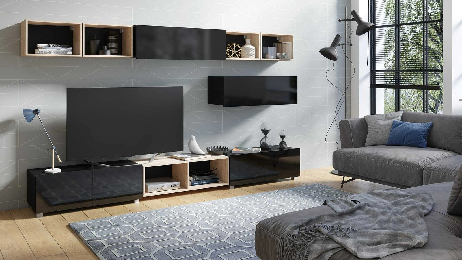 CALABRINI XXVI wall cabinet, glossy black / artificial oak color, exceptionally stylish wall cabinet, simple shapes that fit any interior