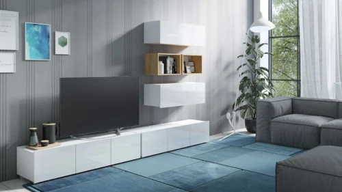 CALABRINI XXVII” wall cabinet, glossy white / golden oak color, exceptionally stylish wall cabinet, simple shapes, suitable for any interior