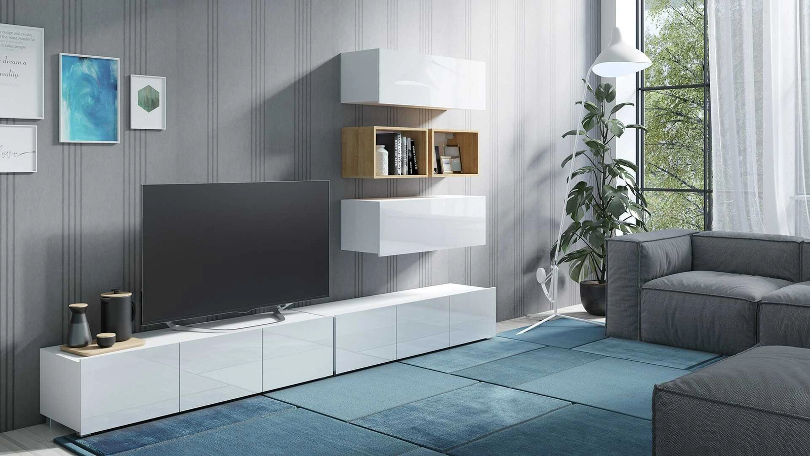CALABRINI XXVII" wall cabinet, glossy white / golden oak color, exceptionally stylish wall cabinet, simple shapes, suitable for any interior
