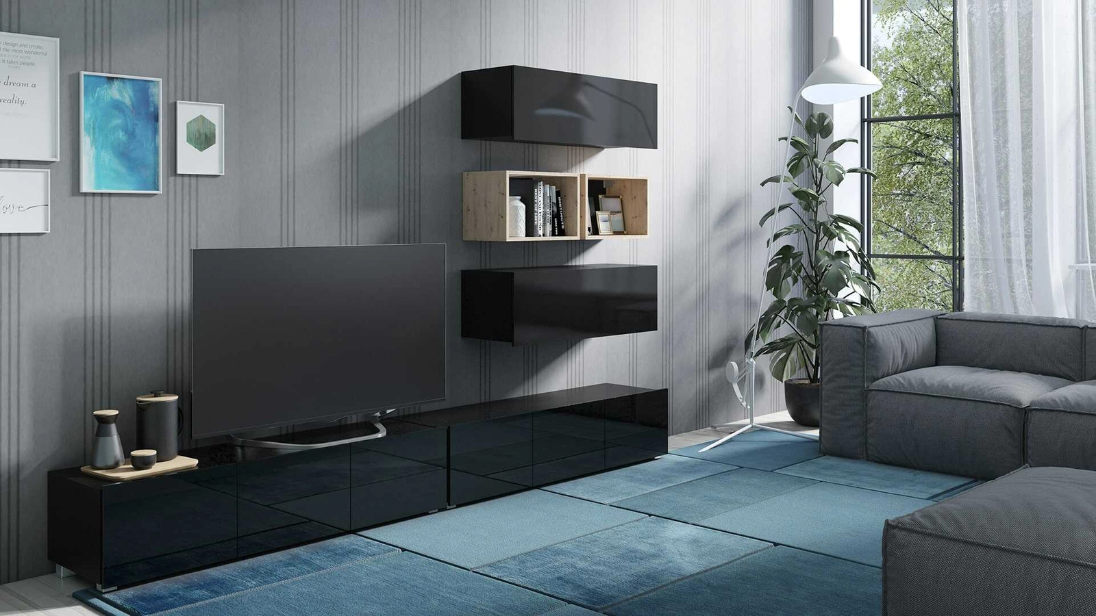 CALABRINI XXVII wall cabinet, glossy black / artificial oak, an exceptionally stylish wall cabinet, with simple shapes that fit into any interior