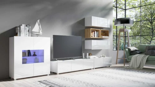 CALABRINI XXVIII wall cabinet, glossy white / golden oak color, exceptionally stylish wall cabinet, simple shapes, suitable for any interior