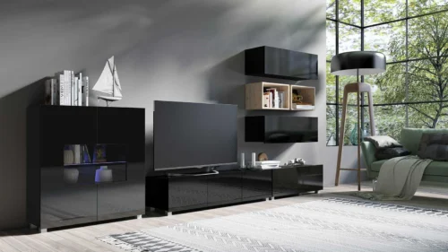 CALABRINI XXVIII wall cabinet, glossy black / oak imitation – an exceptionally stylish wall cabinet, with simple shapes, suitable for any interior