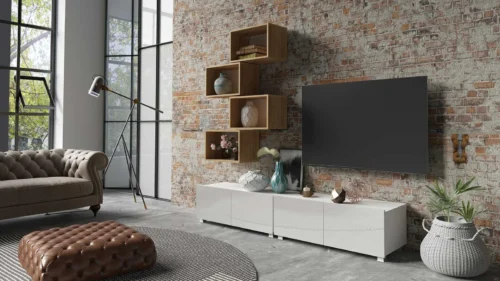 CALABRINI XXX wall cabinet, glossy white / golden oak – an exceptionally stylish wall cabinet with simple shapes that fits any interior