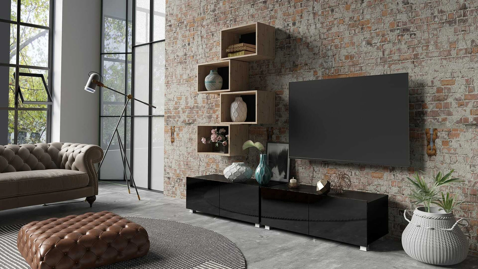 CALABRINI XXX wall cabinet, glossy black / artificial oak, an exceptionally stylish wall cabinet, with simple shapes that fit into any interior