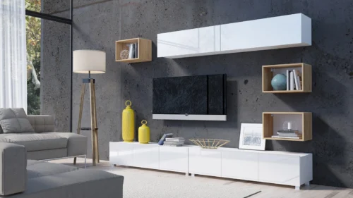 CALABRINI XXXI wall cabinet, glossy white / golden oak – an exceptionally stylish wall cabinet, with simple shapes, suitable for any interior