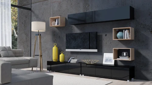CALABRINI XXXI wall cabinet, glossy black / artificial oak, exceptionally stylish wall cabinet, simple shapes, suitable for any interior