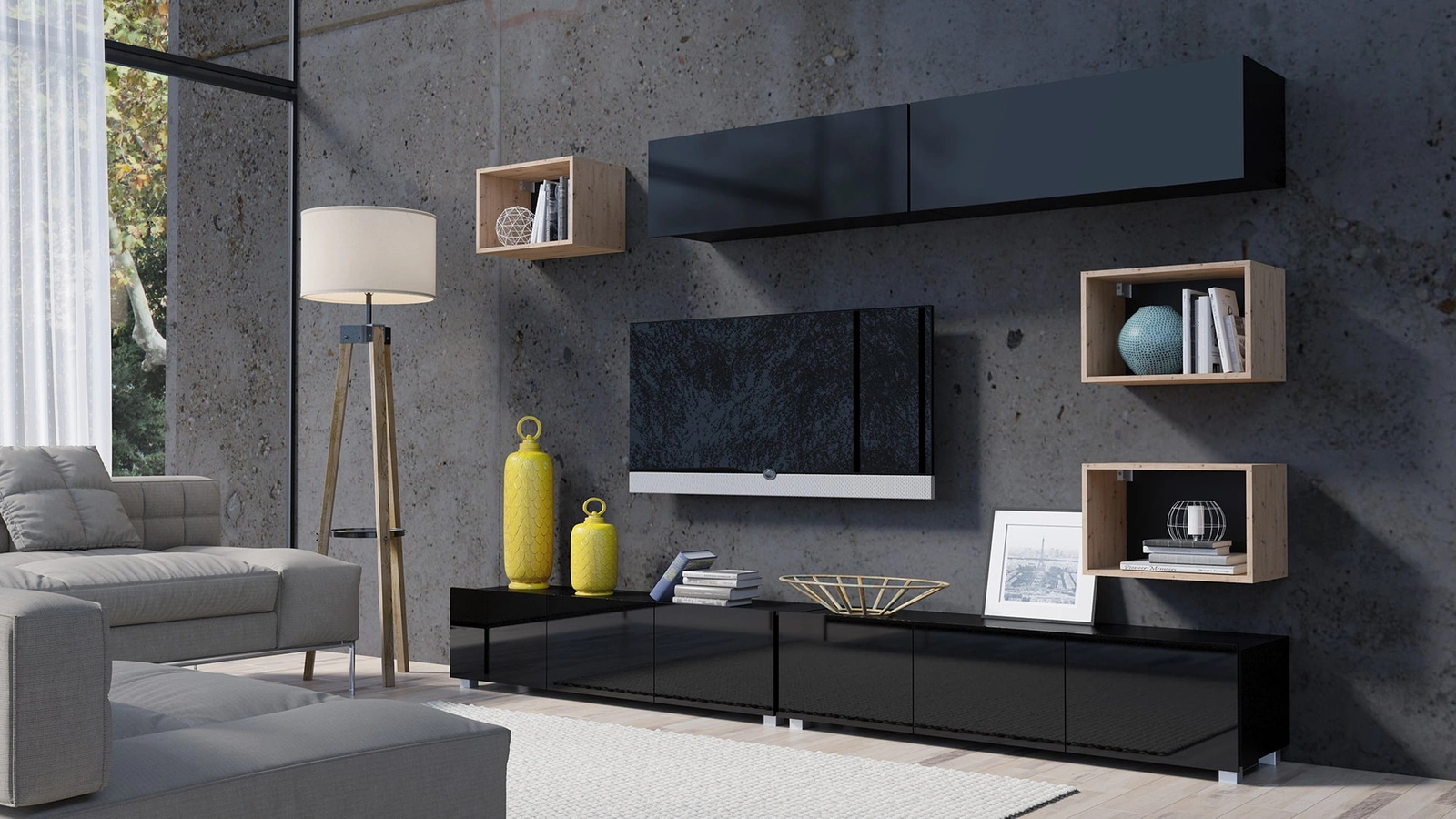 CALABRINI XXXI wall cabinet, glossy black / artificial oak, exceptionally stylish wall cabinet, simple shapes, suitable for any interior