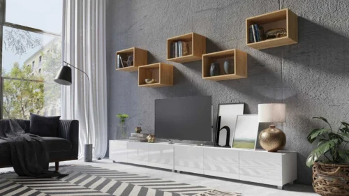 CALABRINI XXXII wall cabinet, glossy white / golden oak color – an exceptionally stylish wall cabinet, with simple shapes, suitable for any interior