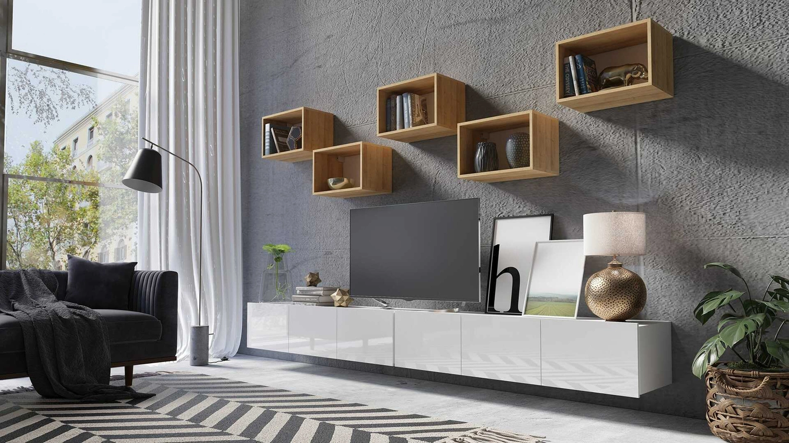 CALABRINI XXXII wall cabinet, glossy white / golden oak color - an exceptionally stylish wall cabinet, with simple shapes, suitable for any interior - Image 6