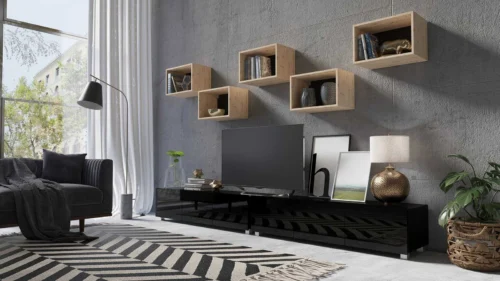CALABRINI XXXII wall cabinet, glossy black / artificial oak, exceptionally stylish wall cabinet, simple shapes, suitable for any interior