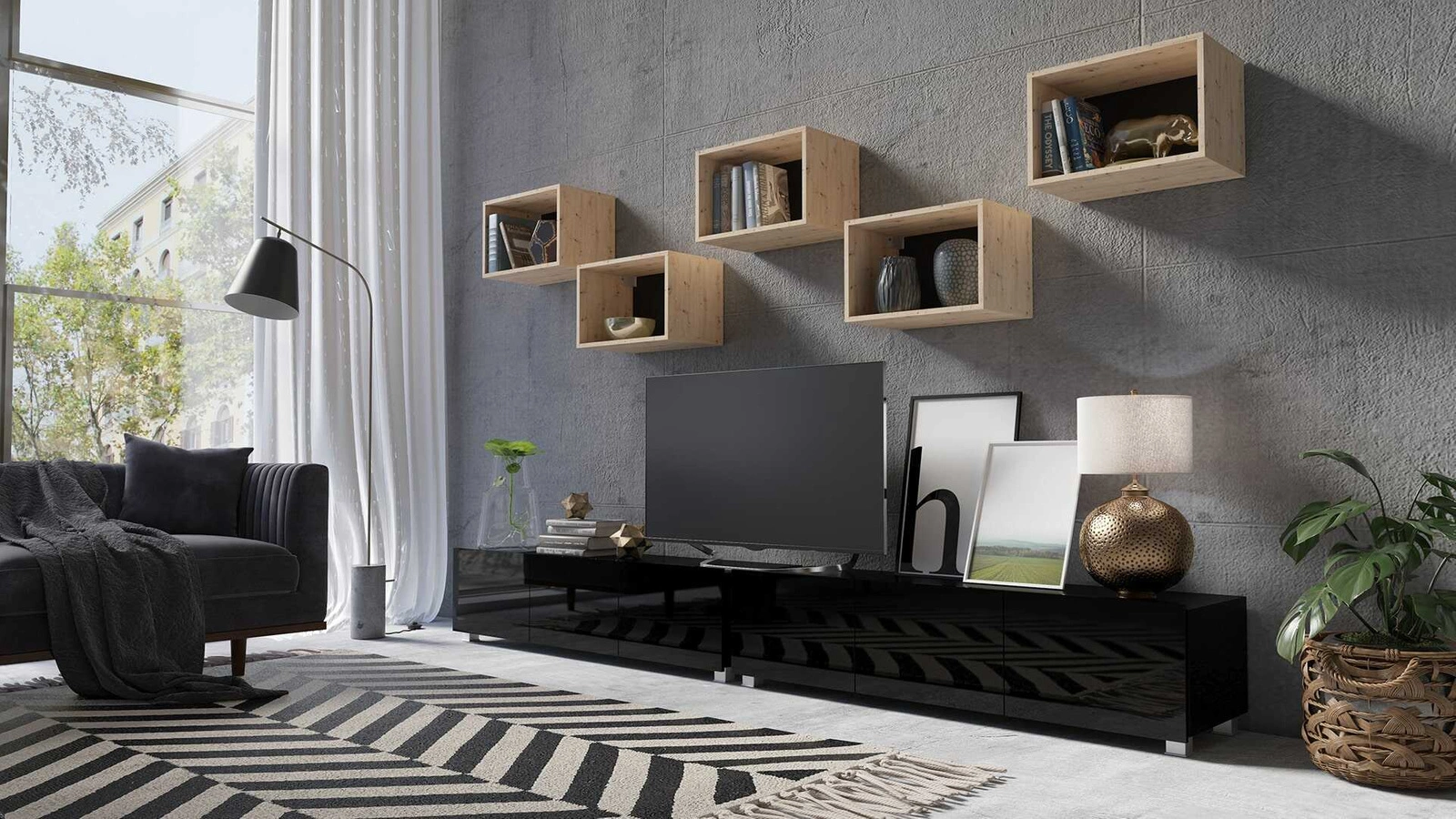 CALABRINI XXXII wall cabinet, glossy black / artificial oak, exceptionally stylish wall cabinet, simple shapes, suitable for any interior