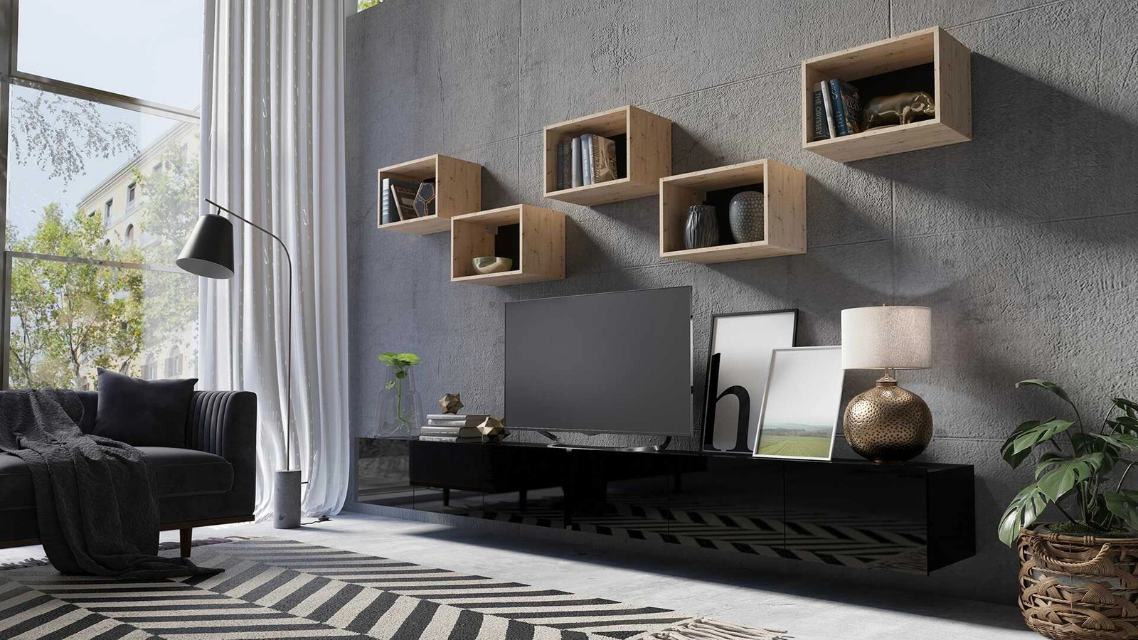 CALABRINI XXXII wall cabinet, glossy black / artificial oak, exceptionally stylish wall cabinet, simple shapes, suitable for any interior - Image 6