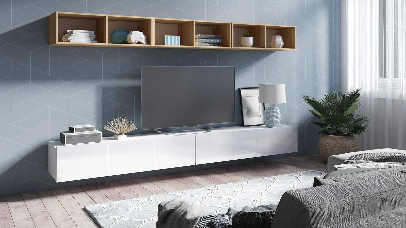 CALABRINI XXXIII wall cabinet, glossy white / golden oak color - an exceptionally stylish wall cabinet, with simple shapes, suitable for any interior - Image 6