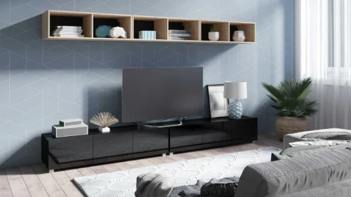 CALABRINI XXXIII wall cabinet, glossy black / artificial oak, exceptionally stylish wall cabinet, simple shapes, suitable for any interior