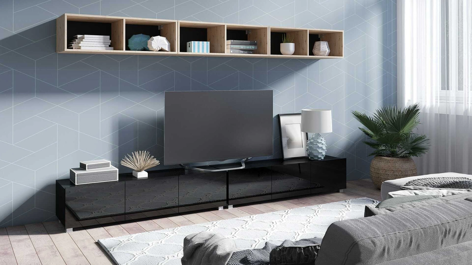 CALABRINI XXXIII wall cabinet, glossy black / artificial oak, exceptionally stylish wall cabinet, simple shapes, suitable for any interior